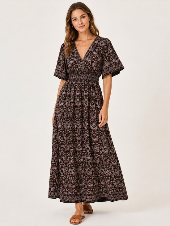 Max Studio Dresses & Skirts - Max Studio Black Floral V-Neck Smocked Maxi Dress